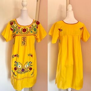Authentic Mexican Oaxacan Handmade Floral Embroidered Dress in Yellow